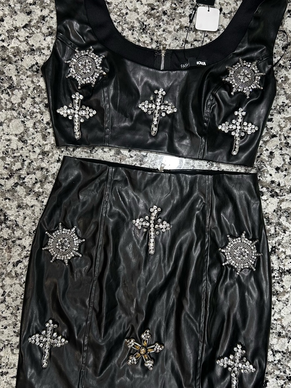 Black Embellished Faux Leather Skirt set